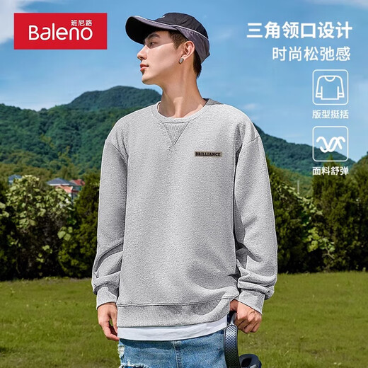 Baleno triangle collar round neck sweatshirt for men in spring and autumn, soft, delicate, wear-resistant, wrinkle-resistant, comfortable and simple casual top, heavy cotton - medium gray #MB classic cool label 2XL
