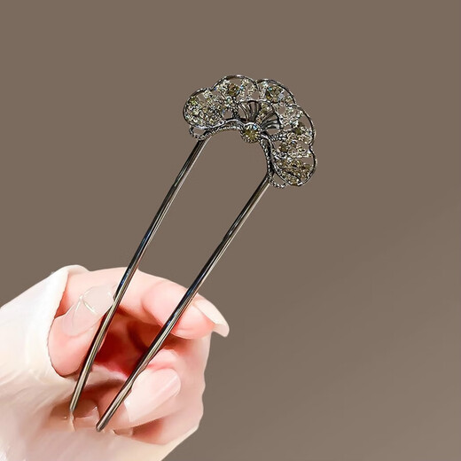 Lingchuan gun black hollow rhinestone flower U-shaped hairpin, high-end new Chinese retro headwear hairpin, ancient style hairpin, rhinestone fan-shaped-U-shaped hairpin