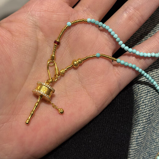 Allied gold six-word motto pendant for women new pure gold 999 turquoise necklace clavicle chain for girlfriend gold gold rotating turquoise necklace gold weight about 12