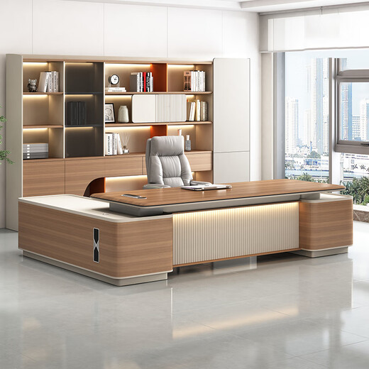 YOE.FTYE Level 0 Boss Desk Desk Light Luxury High-end Office Furniture Executive Desk President Chairman Desk and Chair Combination 2.8 Meters Long Cabinet/Multifunctional Cable Box/LED Light