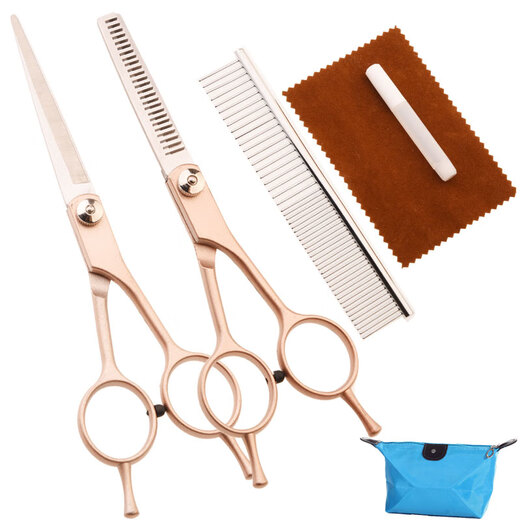 Edward pet scissors grooming tool set for dog hair cutting, curved scissors for cat and dog hair cutting, hairdressing scissors, dog grooming scissors, gold seven-piece set including leather bag comb
