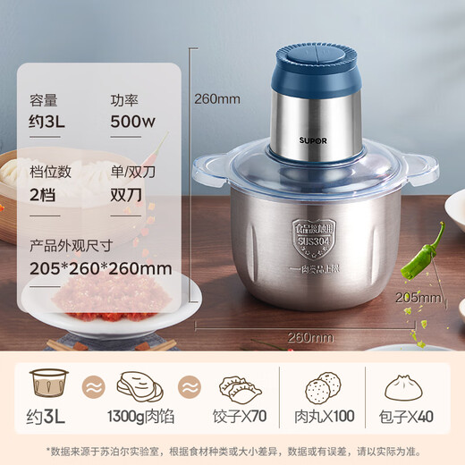 SUPOR Meat Grinder Household Multifunctional Blender Stainless Steel Food Processor 3L Large Capacity Second-speed Stuffing Baby Food Complementary Food Machine Stuffing Machine JR51S