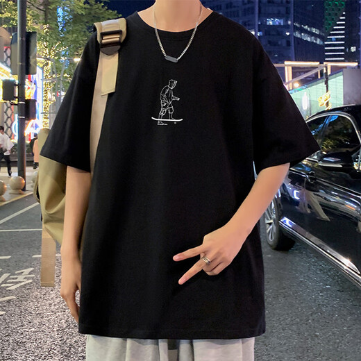 常缕竺纯棉T恤男潮牌潮流休闲宽松圆领短袖男生青少年夏季新款百搭体恤 3892粉红 XL 约140-160斤可穿