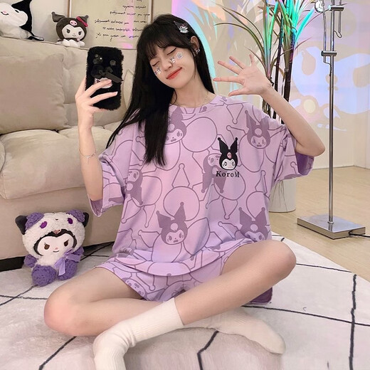 
Jingpu Fei Summer Sweet Short-Sleeve Pajama Set Women's Loose Large Size Internet Celebrity Home Suit 677 Zikulomi One Size 4XL Code [Suggested 172-200Jin [Jin equals 0.5 kg]]