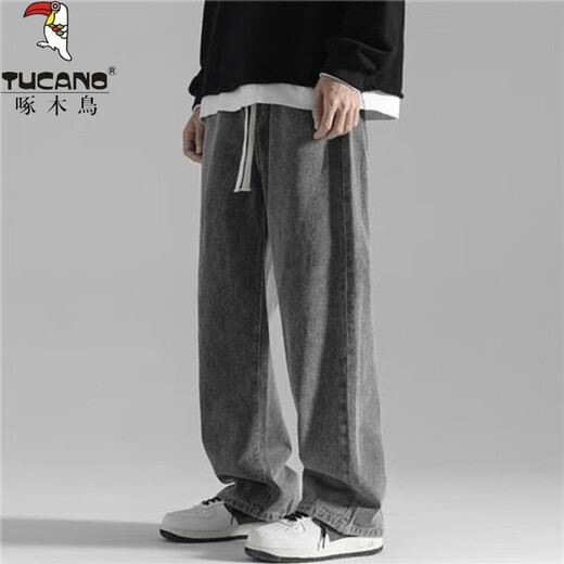 
Woodpecker retro jeans men's spring American high street men's loose wide-leg trousers casual spring and autumn pants black XL [recommended weight 125-135 Jin [Jin equals 0.5 kg]]