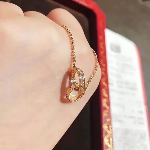 Prico version 18K gold double ring necklace with diamonds for women, rose gold platinum niche, light luxury, high-end, non-fading double ring necklace without diamonds (rose gold), eyes closed
