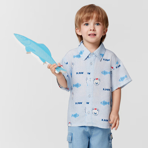 PawinPaw cartoon bear children's clothing 25 spring and summer new baby boy lapel printed shirt comfortable and versatile Blue blue/50 100