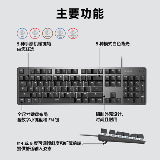 罗技K845 机械键盘 有线键盘 游戏办公键盘 104键 全尺寸 单光 黑色 K845 龙华茶轴