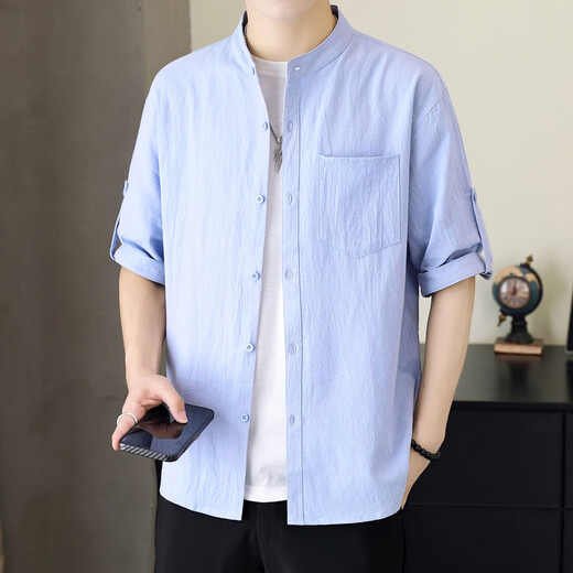 Henry collar cotton and linen long-sleeved shirts for men spring and autumn men's early autumn casual shirts short-sleeved inch shirts 2025 new style CS8K02 mid-sleeve black M 90-110Jin Jin is equal to 0.5 kg