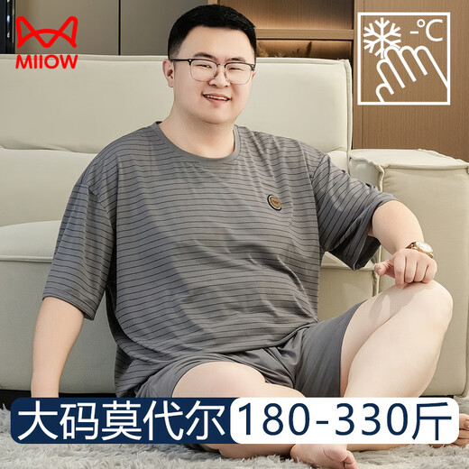 猫人（MiiOW）夏季睡衣男款加肥加大码莫代尔短袖薄款休闲宽松圆领家居服300斤 MDR723深灰条纹 【背心套装】 3XL 【建议180-220斤】
