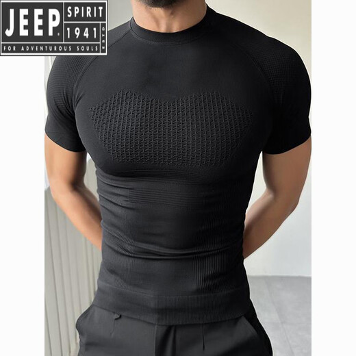 JEEP SPIRIT seamless quick-drying breathable sports fitness short-sleeved T-shirt running training cycling clothing compression tight elastic top for men classic black--quick-drying sports short sleeves M