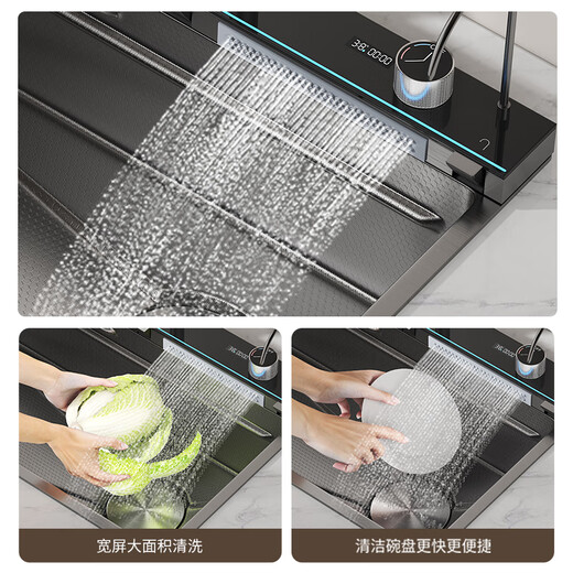 JOMOO Whale Sink Digital Display Piano Rainfall Waterfall 304 Stainless Steel Large Single Sink Vegetable Basin 7545 Gun Black Embossed Lower Right Water