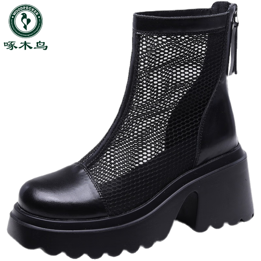 Specht 2025 weiche Ledernetzstiefel für Frauen Neutemperament Vielseitig dünne hohle dicke Absatz dicker Sohle atmungsaktiv