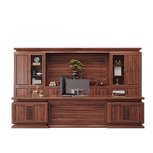 Ningqiu Luoge (NICHLORT) new Chinese style desk boss desk solid wood CEO office atmosphere high-end ebony wood executive desk bookcase combination 3.2 meters boss desk ash wood