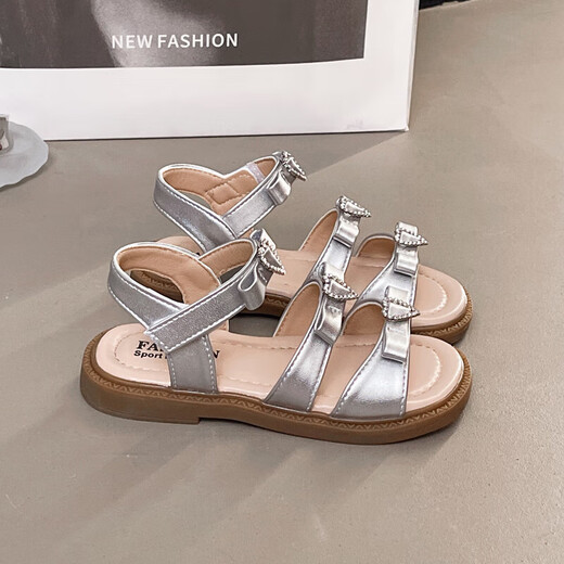 Girls Princess Sandals 2025 Summer New Children's Sandals Soft Sole Medium and Large Children's Open Toe Sandals Velcro Girls Silver Size 27 Inner Length Approximately 16.7cm