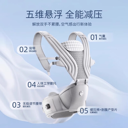 HBR Hubeier Air Suspension Reducing Waist Stool Baby Strap Two-in-One Baby Light Four Seasons Baby Holding Artifact [One Size] Air Waist Stool Silver Mist White + Extension Belt