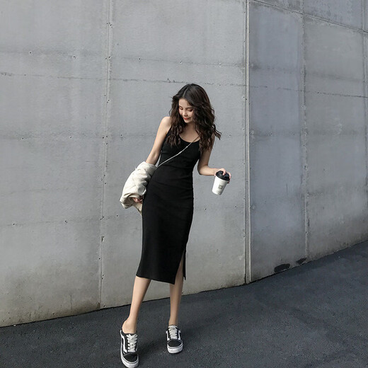 中长款吊带连衣裙外穿夏季2025新款女装开叉气质显瘦内搭打底裙子 黑色 2XL