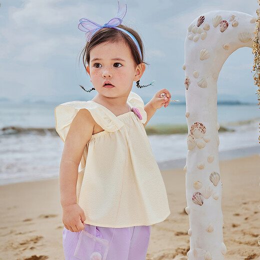 Mini Balabala, the same style in the mall, girls' short-sleeved shirt, summer baby square neck flying sleeve sweet top, milk white 10501 80