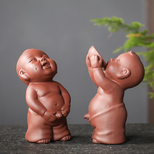 Ensa purple clay tea urinating boy tea tray accessories ornaments handmade can raise squirting children tea children fun small peeing boy looking up to the sky