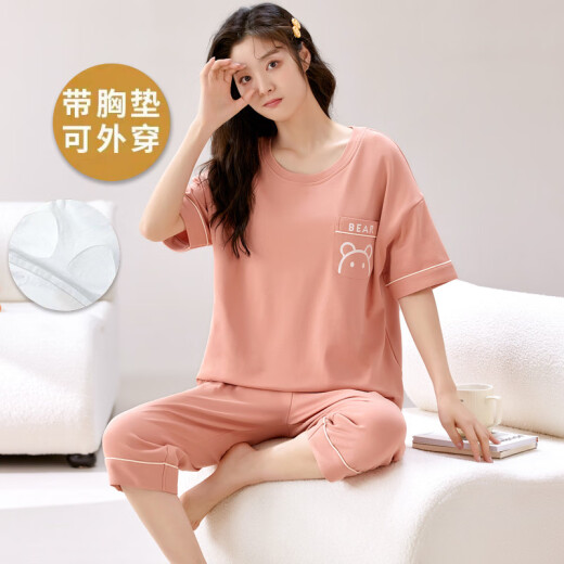 浪莎（LangSha）带胸垫睡衣女款夏天纯棉短袖七分裤可外穿套装棉夏季女士家居服 七-分带胸垫：679芭比熊 L 女