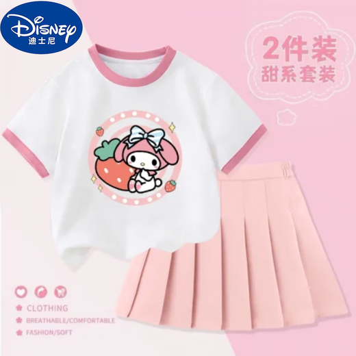 Disney (Disney) Conjunto de camiseta y pantalones cortos de algodón Kuromi para niñas de 2 a 15 años, novedad de verano, conjunto de dos piezas para niños medianos y grandes, 3291, conjunto de dos piezas, top morado + pantalones cortos 130 cm