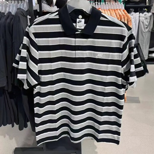 NIKE T-Shirt Herren 2025 Sommer Herren Kurzarm Revers POLO Shirt Atmungsaktiv Lässig Tennis Weiß Baumwolle Kurzarm Herren FN3897-010 Schwarz/Weiß Streifen M
