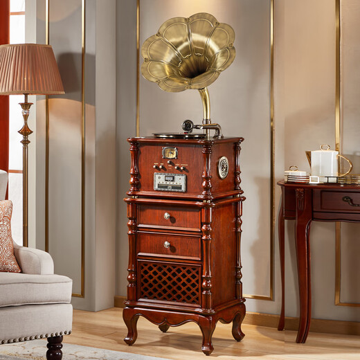 SHENGLINA American gramophone retro vinyl record player European-style living room solid wood antique light luxury record player old-fashioned home speaker all-in-one machine upgraded cherry color + karaoke function