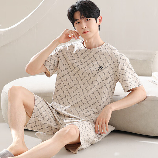 Red bean modal pajamas men's summer short-sleeved large size 2024 new ice silk home clothes suit can be worn outside in summer y9712 L