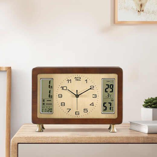 Combas solid wood desktop desk clock living room perpetual calendar temperature and humidity desk clock brass leg clock 519 (33.5*23cm)