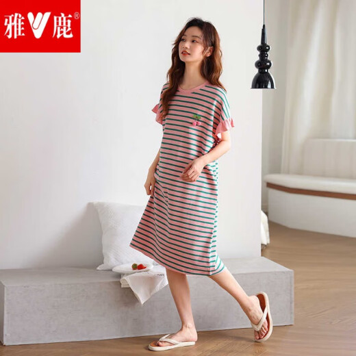 Yalu 2025 Neues Nachthemd für Frauen in Sommerfärben-Baumwolle kurzärmelige Pyjamas Einfache gestreifte Baumwolle kann außerhalb des Pyjamas YZT6621 Nachthemd 2xl 175 (xxl) Empfohlen 14E getragen werden