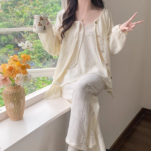 梦特娇（MONTAGUT）云朵棉睡衣女春秋季长袖吊带三件套可爱树叶纯欲风家居服2025新款 tfn#f9929 均码 m建议75-95斤