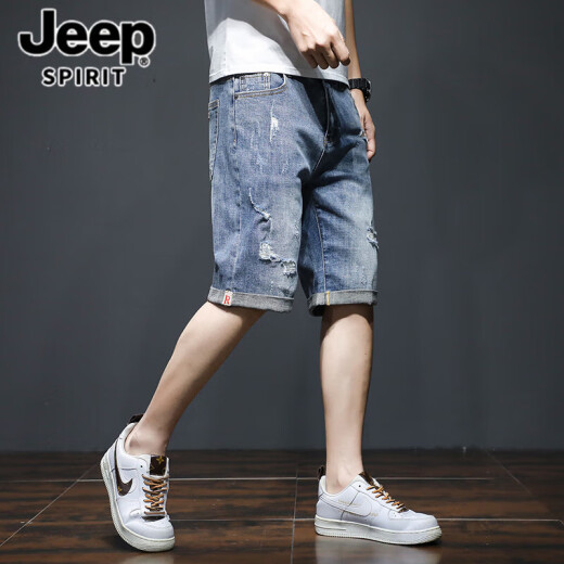 Jeep Spirit Jeep Denim Shorts Men's Summer Fino Loose Marca de moda de cinco puntos Medio Pants Coreano Corea Modelo de 5 puntos de 5 puntos de 5 puntos 689 Azul Rastado + 331 Azul Gris 32 [(2 pies 5) Peso 135-145Jin [Jin equivale a 0.5 kg]]]