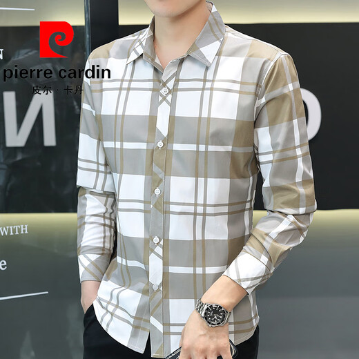 皮尔卡丹（pierre cardin）夏季新款冰丝长袖衬衫男格子休闲衬衣上衣服薄款防晒外套潮流寸衣 灰色 【长袖】719 M 90-104斤