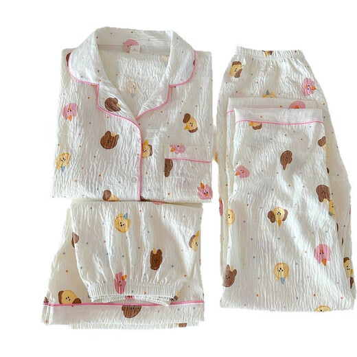 Jingpu Flying Dot Puppy Suit Women's Summer Thin Cotton Short-Sleeved Home Clothes Yunduo Cotton-J9901#Paradise Puppy Three-piece Set M Recommended 75-100Jin Jin equals 0.5kg