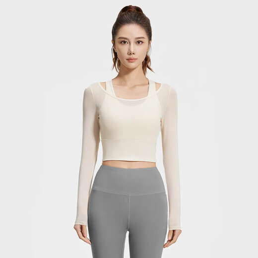 Fan Shengyu sportswear suit female yoga suit with chest pad sports top slimming Pilates training fitness long sleeve peach mesh suit M size 70-110Jin Jin equals 0.5 kg