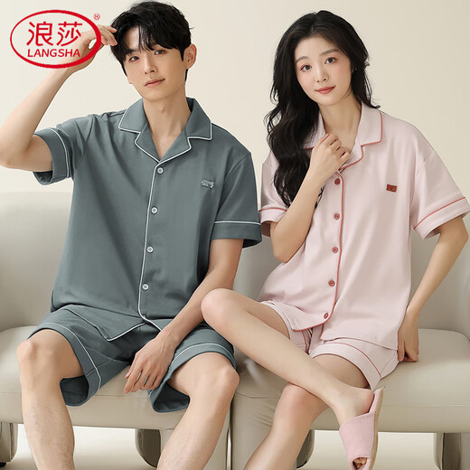 
LangSha (LangSha) high-end couple pajamas pure cotton shorts shorts simple cardigan can be worn on the outside for men and women's cotton home clothes in summer X12706-12806# L women's style