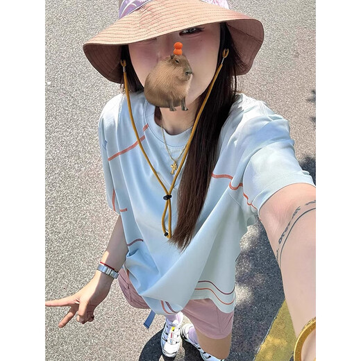 Jufengshan outdoor ice silk quick-drying short-sleeved women's summer breathable splicing contrasting color T-shirt cycling couple anti-scratch top blue XL