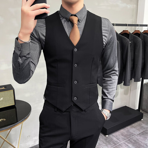 ROMON Slim Suit Vest Suit Male Wedding Groomsmen Group Dress Business Casual Large Size Work Wear Vest Top Black Single Vest M