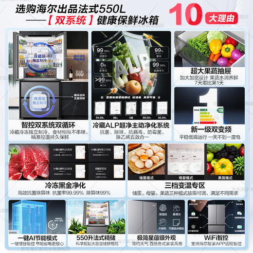 Haier Refrigerator produces Commander 575 dual-system refrigerator, flagship hot-selling French multi-door dual-cycle new level energy-efficient air-cooled frost-free Leader refrigerator dual-system dual-cycle + ALP ultra-clean system + three-speed variable temperature