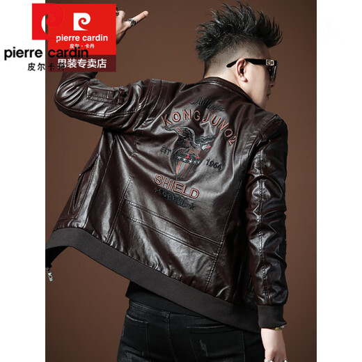Pierre Cardin 2025 New Spring and Autumn Lapel Men's Leather Jacket Men's Leather Jacket Embroidered Letter Jacket Casual GZ-Black XL 110-130Jin Jin is equal to 0.5 kg