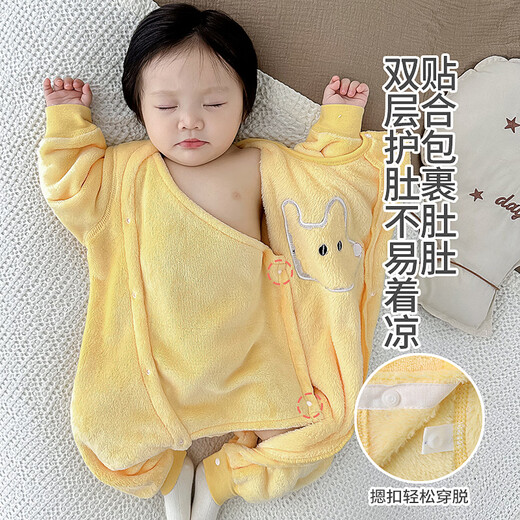 Qilodou baby coral velvet pajamas, autumn and winter plus velvet one-piece clothes for baby girls, winter thermal underwear, flannel winter clothes, custard 73cm