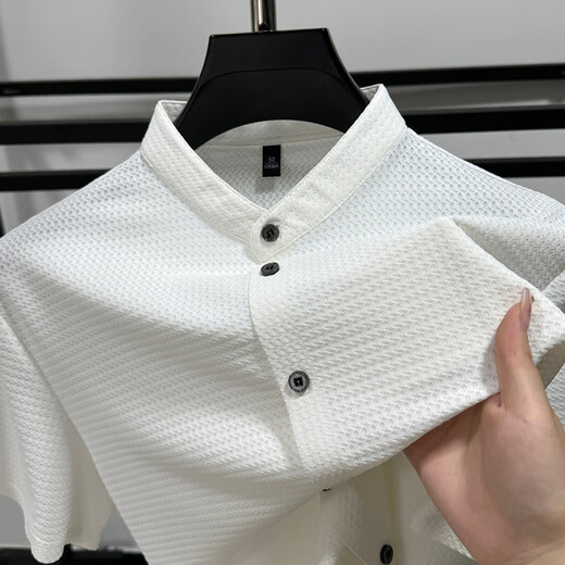 GUYN international first-line brand high-end Henry collar shirt men's summer hollow ice silk short-sleeved shirt business stand-up collar middle-aged khaki M __48