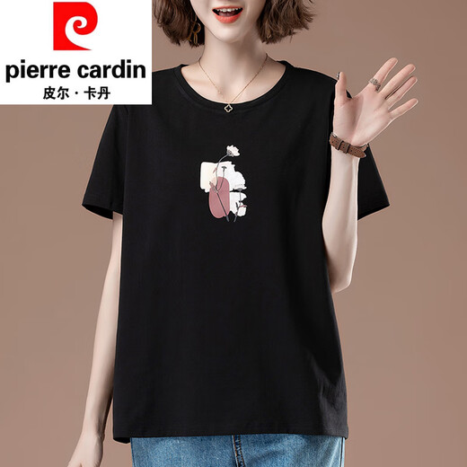 皮尔卡丹加肥加大号夏季新款宽松刺绣短袖t恤女中年妈妈休闲纯棉上衣体恤 9896黑色 L 100-115斤