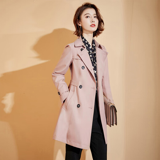 Time flies British style classic trench coat Spring double-breasted slim-fitting mid-length women's trench coat pink M