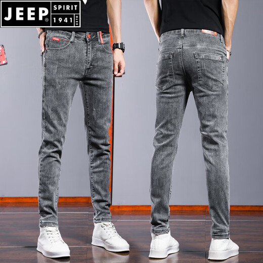JEEP SPIRIT2025 New Jeans Men's Slim Foot Summer Tight Men's Pants Summer Thin Straight Pants Men's Pants ssnz-6636 Gray Spring and Autumn Style Without Velvet 31