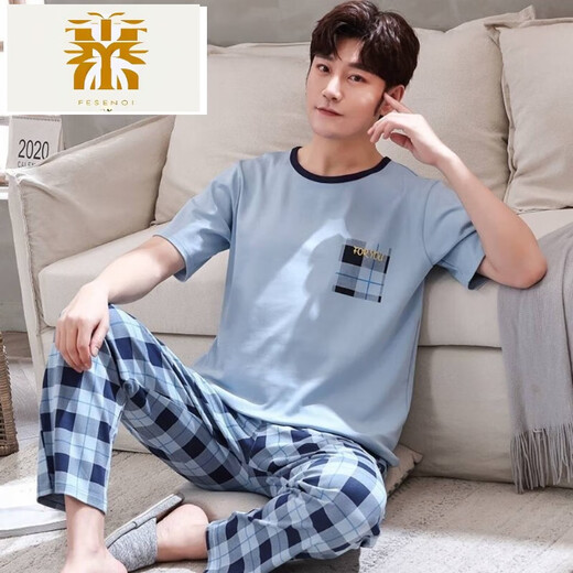 FMSERUIOS Men's Pajamas Summer Combed Cotton Short Sleeve Pants Teenagers Casual Thin Cotton Home Clothing Set Light Gray 3524 3XL