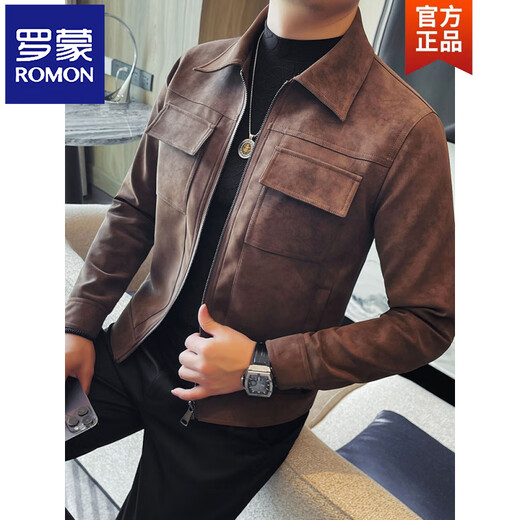 ROMON nubuck leather men's jacket autumn 2026 new fashion trend lapel short double pocket motorcycle top coffee color 2XL (140-155Jin Jin equals 0.5kg)