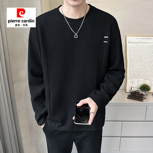 Pierre Cardin Henry Collar Long Sleeve T-shirt Men's 2025 New Spring and Autumn Autumn Clothes Button Solid Color Inner Bottoming Shirt Sweatshirt Men's 433 Black M 90-115Jin Jin is equal to 0.5 kg