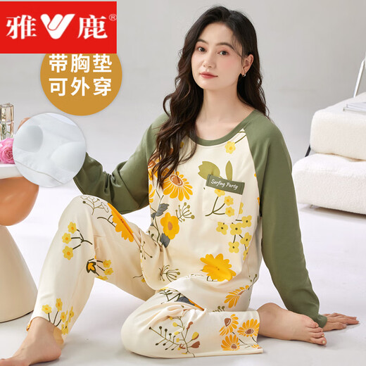 Yalu Guofeng spring and autumn long-sleeved pajamas set for women cotton summer and winter style with chest pad integrated large size home clothes can be worn outside HRY1047 M recommended 75-95Jin Jin equals 0.5 kg)