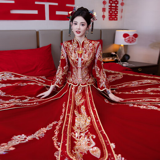 ROAR UTHAUG Xiuhe clothing bride dragon and phoenix hanging 2025 new wedding toast dress wedding dress out of the pavilion slim dress skirt XH1721 Xifeng no headdress S